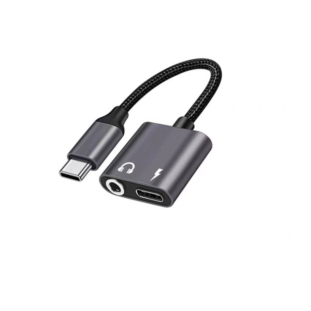 USB-C-Adapter mit kurzem geflochtenem Kabel, einem USB-C-Stecker und zwei Anschlüssen mit den Bezeichnungen Kopfhörer und Laden