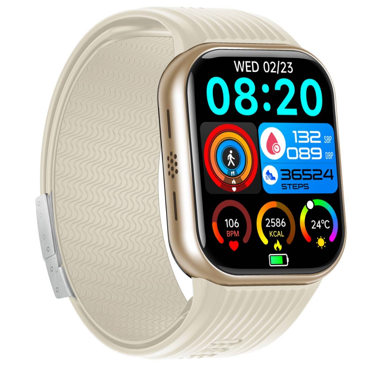 TK67 Smartwatch – Luftpumpen-Blutdruck, SpO2 & EKG (Nicht-medizinisch, nur Referenz), KI-Gesundheitsanalyse, Bluetooth-Anrufe, SOS, IP67 Champagne