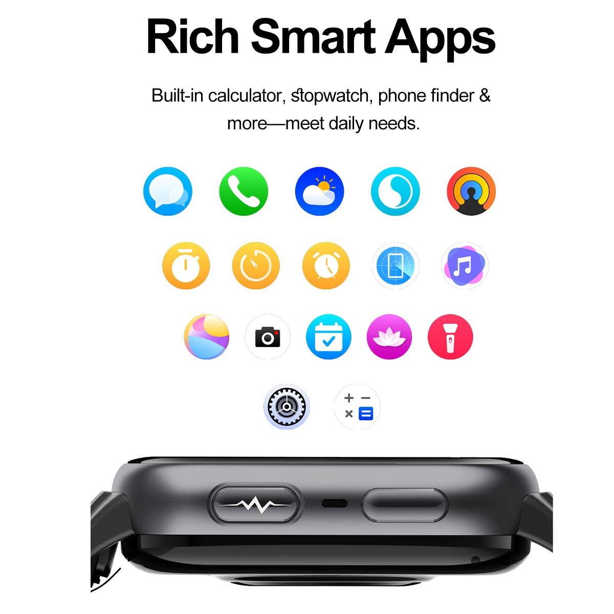 Smartwatch-Anzeige mit dem Titel „Reichhaltige intelligente Apps" zeigt integrierte Apps wie Rechner, Stoppuhr, Telefonsucher, Musik, Kamera und Einstellungen über einer seitlichen Ansicht der Uhr.