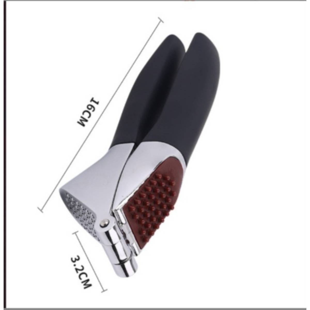 Schwarzes und silbernes tragbares Pflegegerät mit strukturierter roter Griffzone, gezeigt mit Größenangaben 16 cm lang und 3,2 cm breit.