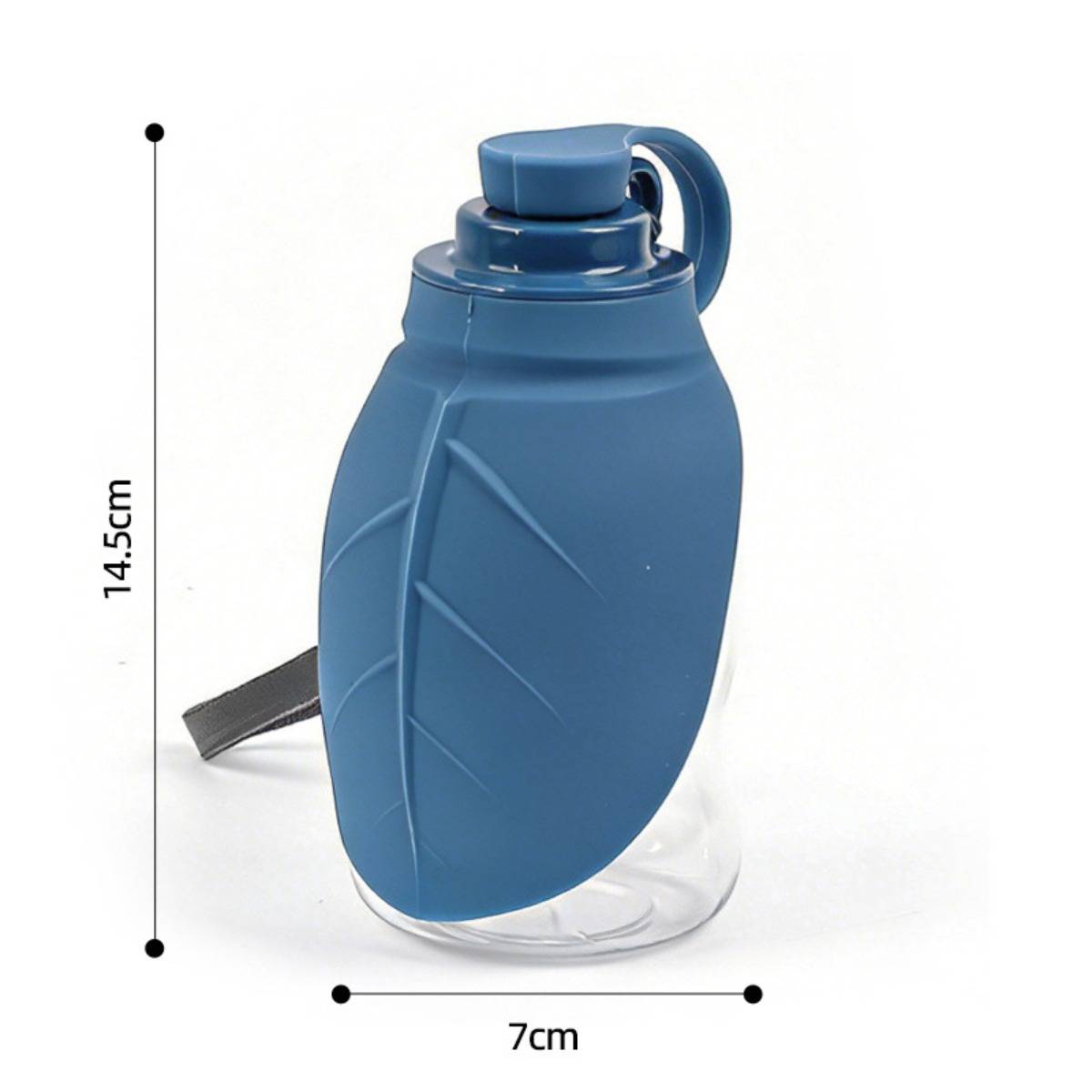 Blaue zusammenklappbare Wasserflasche mit blattförmiger Abdeckung, gezeigt mit Abmessungen von 14,5 cm Höhe und 7 cm Breite.