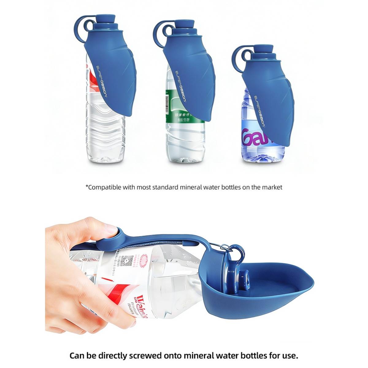 Blauer Clip-on-Trinkaufsatz, der auf drei Wasserflaschen gezeigt wird und als Griff/tragbare Tasse verwendet wird; kompatibel mit den meisten Standard-Mineralwasserflaschen.
