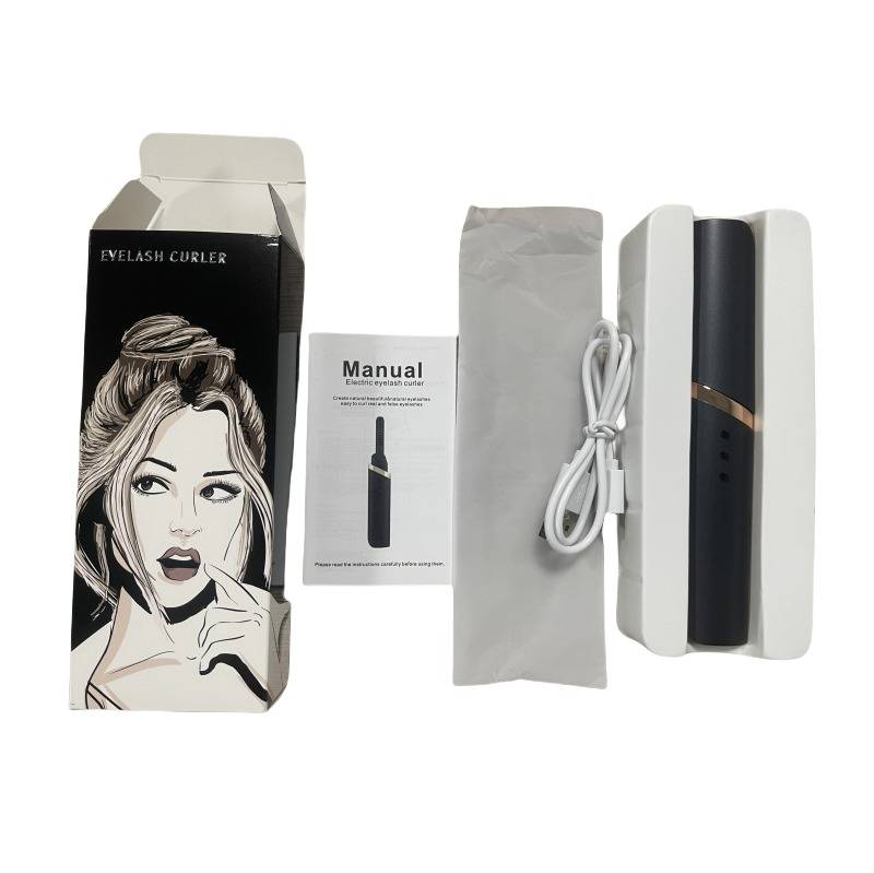 Wimpernzange-Set mit Verpackung, Bedienungsanleitung, USB-Ladekabel und elektrischer Wimpernzange in einer weißen Box.