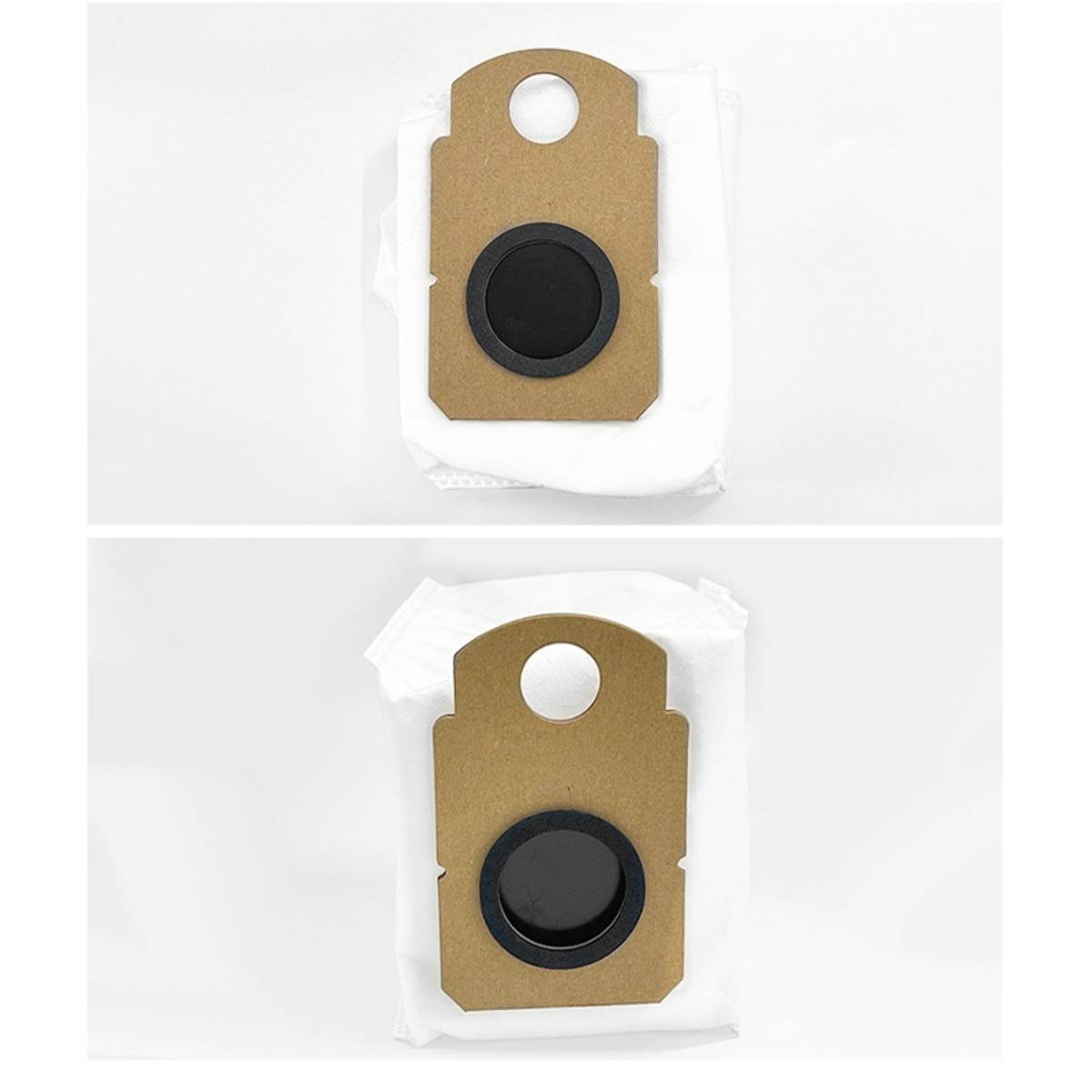 Zwei Produktfotos zeigen einen gold- und schwarzen Staubsaugerbeutel, gestapelt in weißer Verpackung auf weißem Hintergrund.