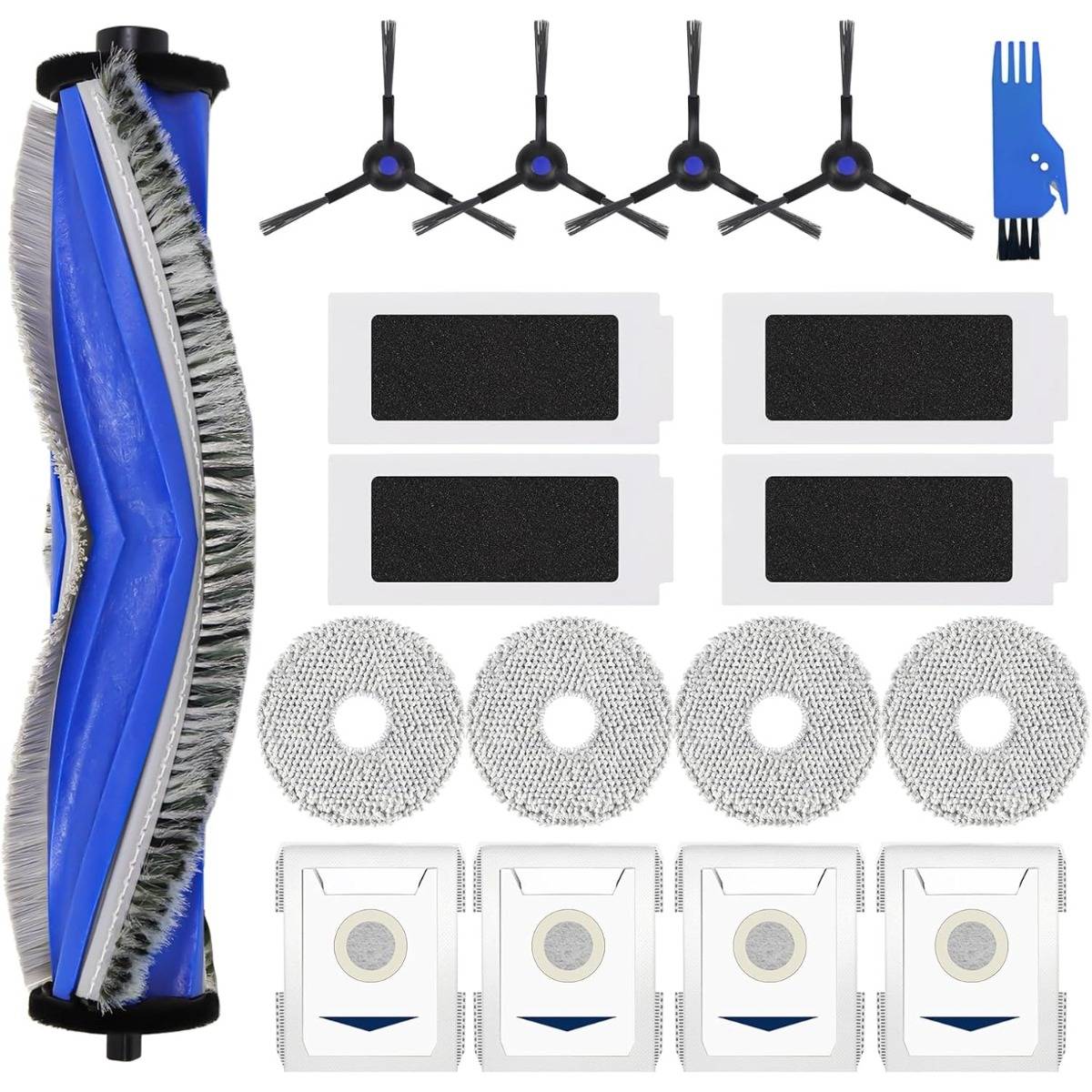 Roboterstaubsauger-Zubehörset mit Hauptwalzenbürste, vier Seitenbürsten, vier Filtern, vier Wischpads und einem Reinigungswerkzeug.