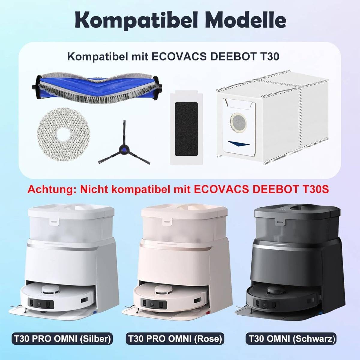 Ersatzteil-Set für Saugroboter – kompatibel mit ECOVACS DEEBOT T30 PRO OMNI / T30 OMNI, Hauptbürste, Filter, Wischtuch, Staubbeutel, Mehrfarbig