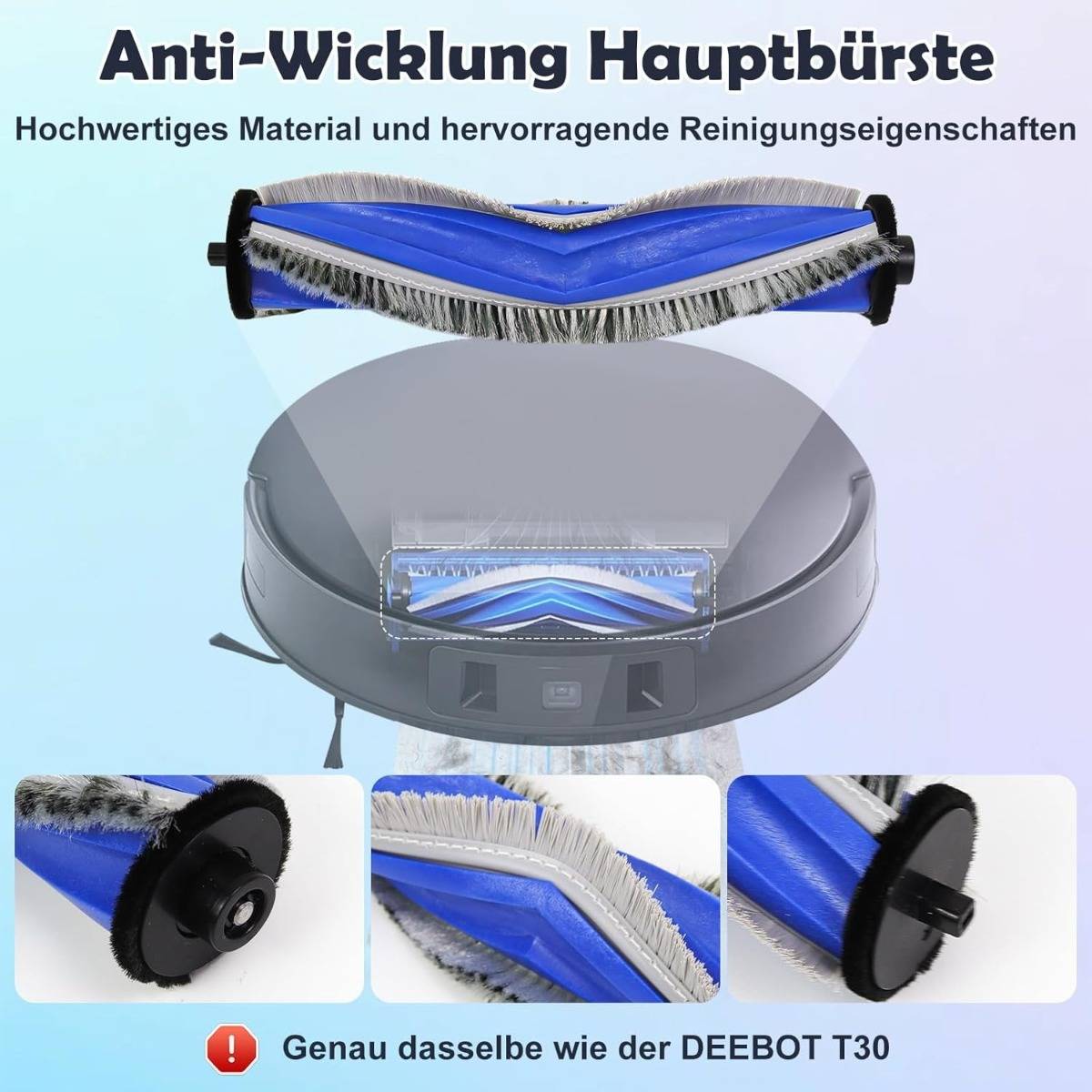 Produktbild einer Anti-Verwickelungsbürste für einen DEEBOT T30 Roboterstaubsauger, das die blau-graue Walzenbürste und Nahaufnahmen ihrer Enden und Borsten zeigt.