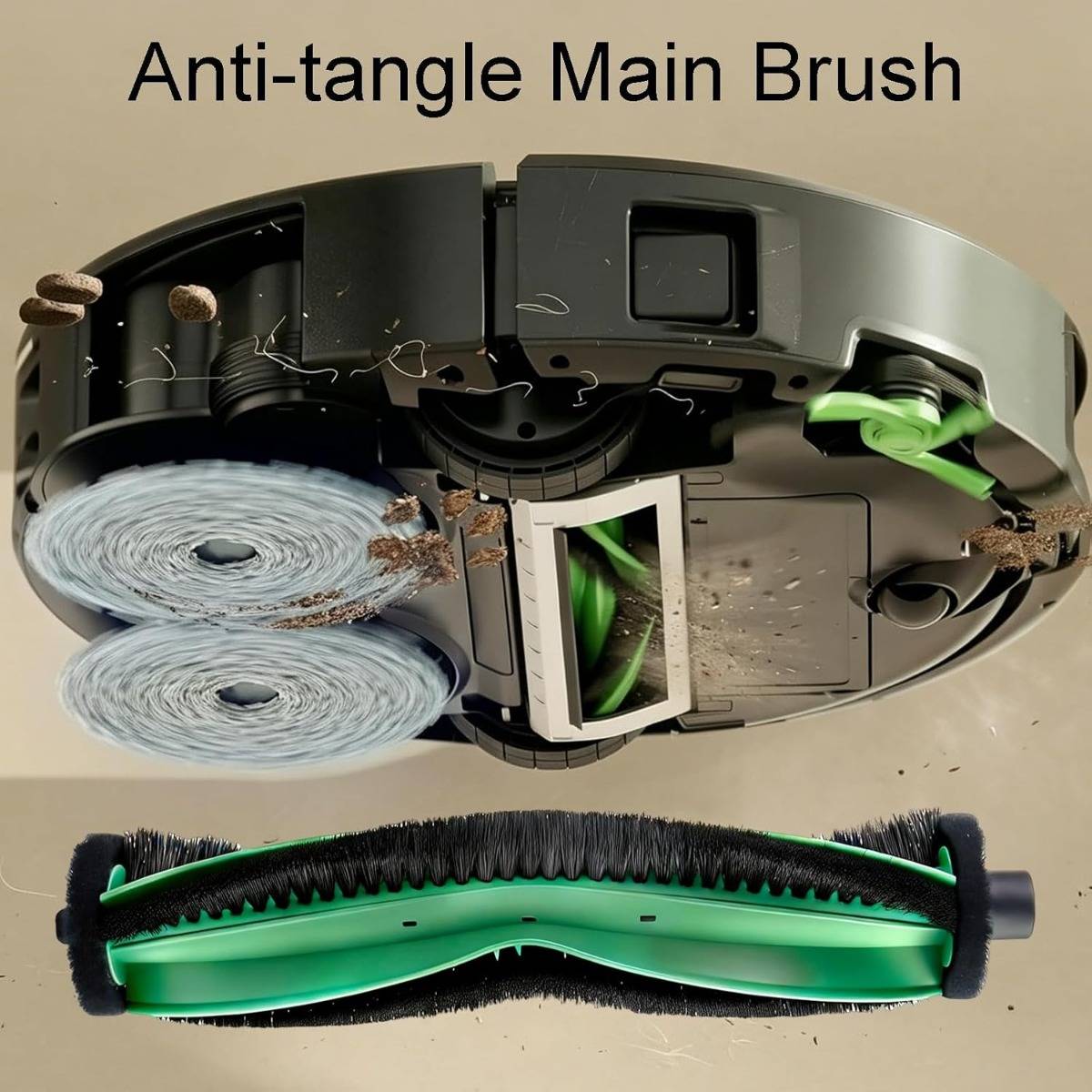 Illustration eines „Anti-Tangle-Hauptbürste" auf einem Roboterstaubsauger, die das Bürstendesign und die Haare zeigt, die sich trennen, um Verwicklung zu reduzieren.