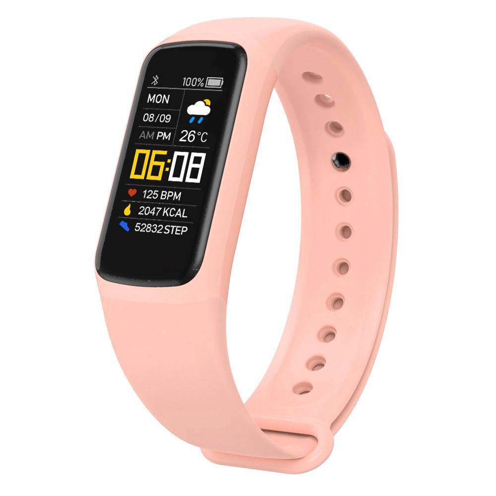 Rosafarbenes Fitness-Tracker-Smartwatch mit Zeitanzeige, Datum, Wetter, Herzfrequenz, Kalorien und Schrittanzahl auf einem schwarzen Bildschirm.
