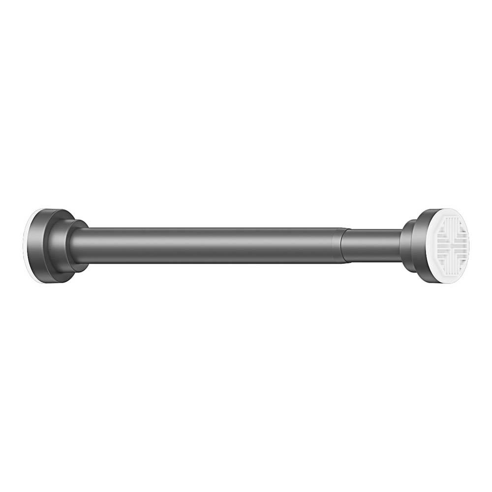 Eine verstellbare Metallgardinenstange mit runden dekorativen Endkappen auf weißem Hintergrund.