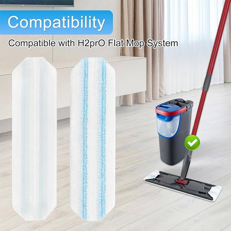 Werbebild, das eine Ersatzrolle für einen Flachmopp zeigt, die mit dem H2pro-Flachmoppsystem kompatibel ist, zusammen mit einem Mopp und einem Eimer in einem Wohnungsinterieur.
