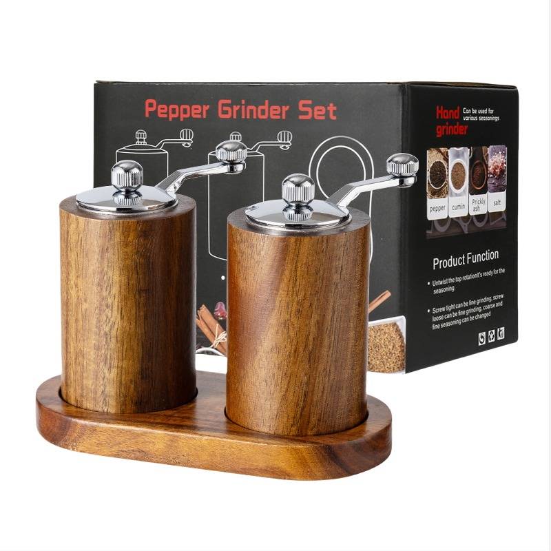 Retro-Pfeffermühle Set mit Akazienholz U-förmigem Sockel - Manuelle Gewürzmühle