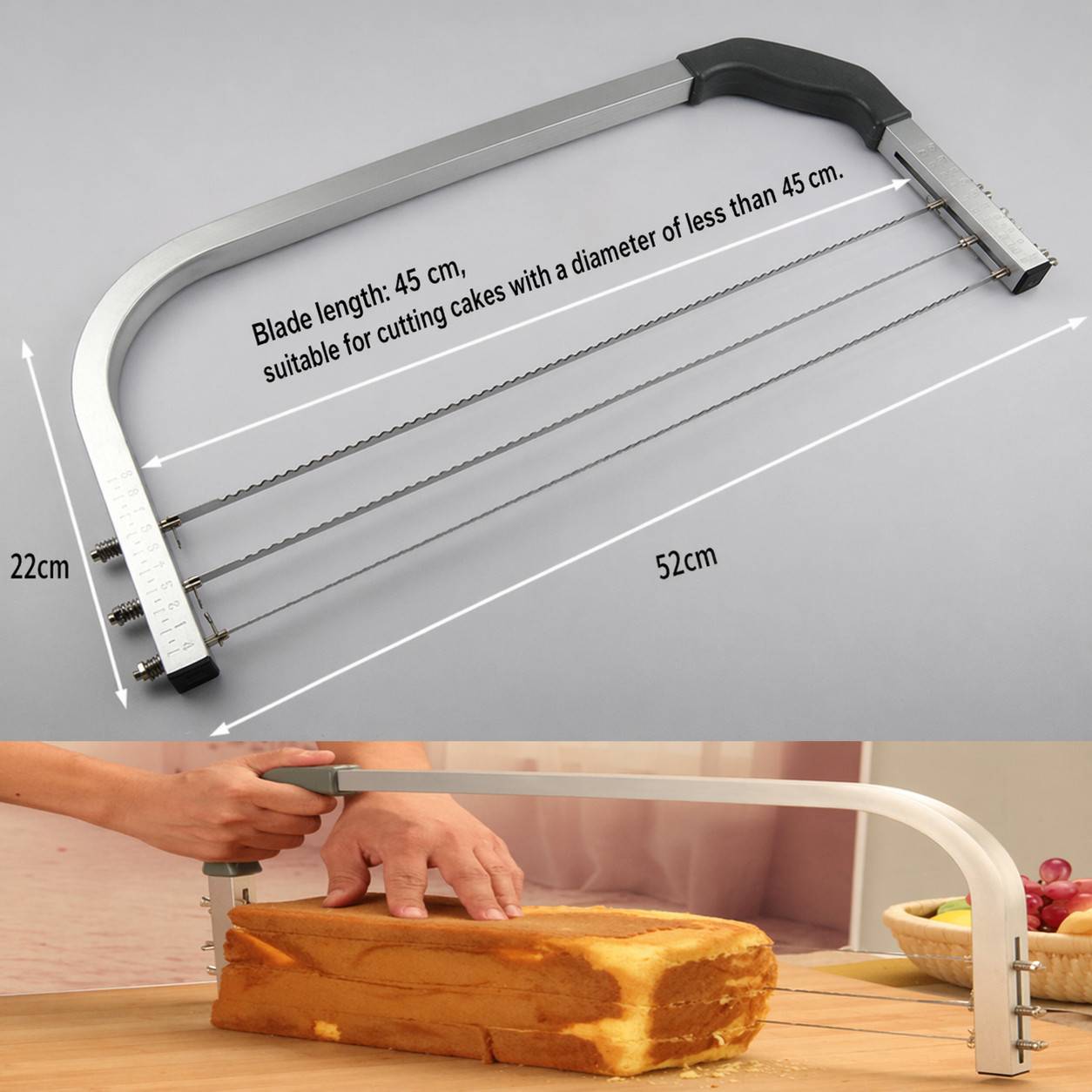 45 cm Kuchenschneider-Säge mit 3 Drähten; dargestellt mit Abmessungen und bei der Verwendung zum Schneiden eines rechteckigen Kuchens