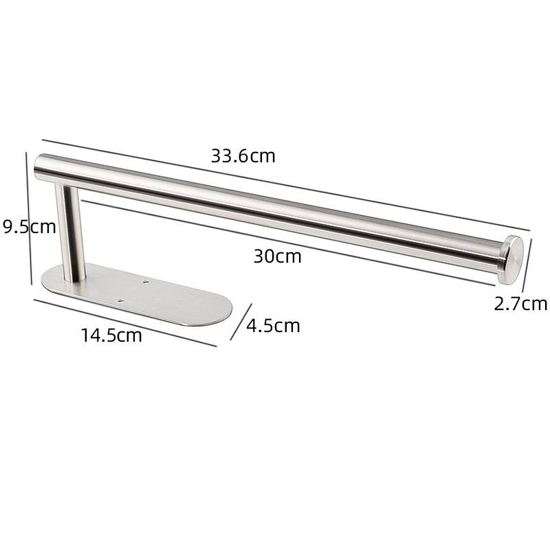 Edelstahlhandtuchstange mit Fuß, gezeigt mit Abmessungen: 33,6 cm Länge, 30 cm Stange, 9,5 cm Höhe, 14,5 cm Fuß, 4,5 cm Breite, 2,7 cm Endkappe.