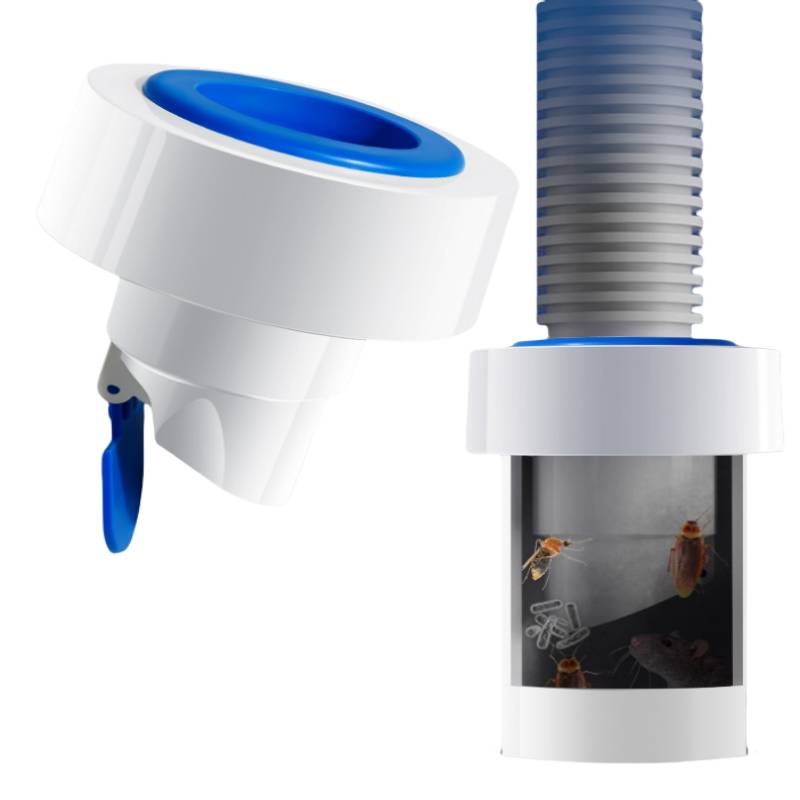 Kompakte weiß-blaue Insektenfalle mit Aufhängeschlauch und transparenter Kammer, die gefangene Fliegen und eine Schabe zeigt.