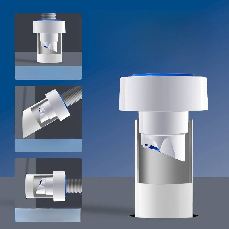 Technische Illustration einer aufrecht stehenden zylindrischen Ventil- oder Filterkomponente auf der rechten Seite, mit drei kleineren eingefügten Ansichten auf der linken Seite, die verschiedene Installationswinkel oder Ausrichtungen demonstrieren.