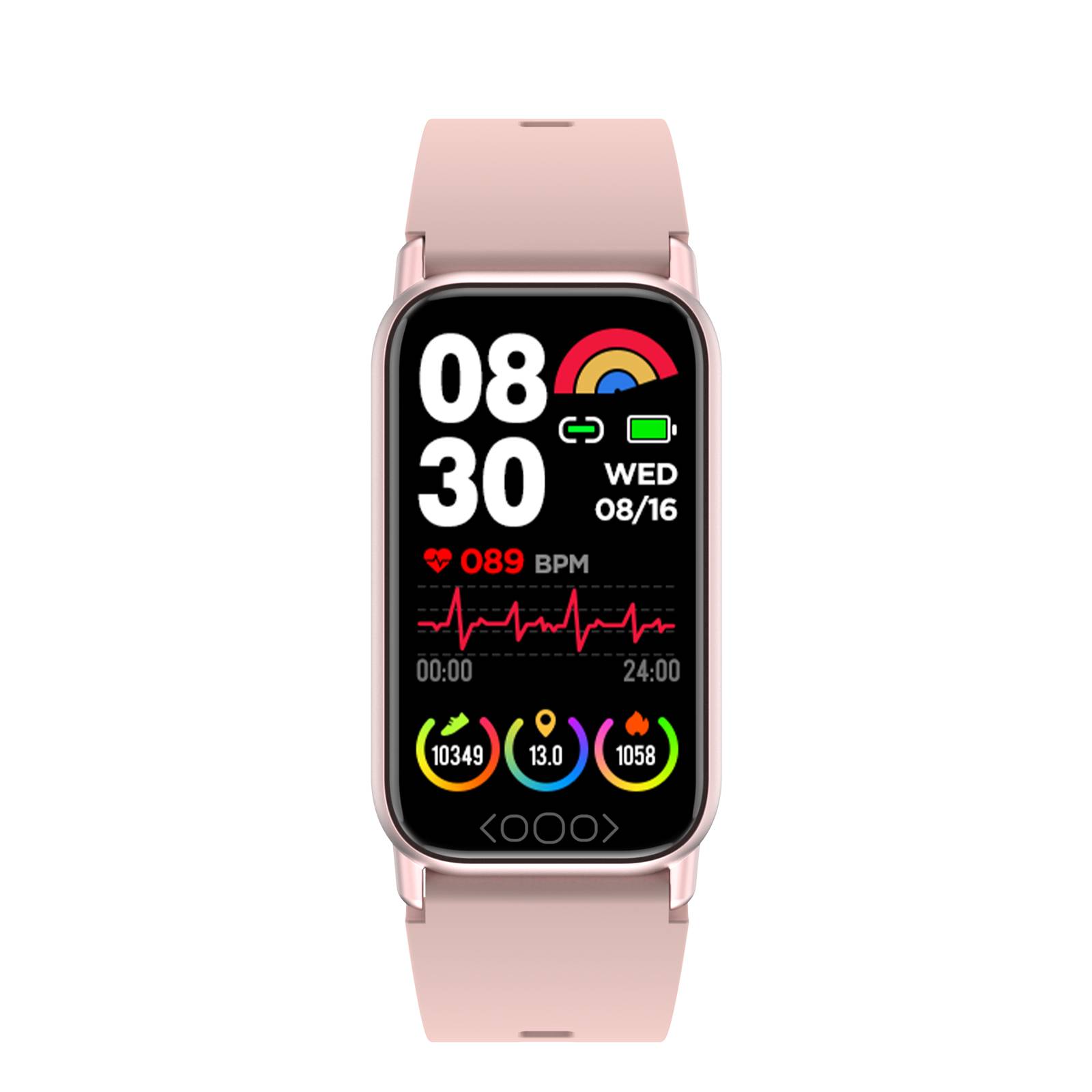 Rosa Smartwatch zeigt 08:30, MI 16.08, 089 Herzfrequenz BPM, EKG-ähnliches Diagramm und Aktivitätsringe auf dem Bildschirm an.