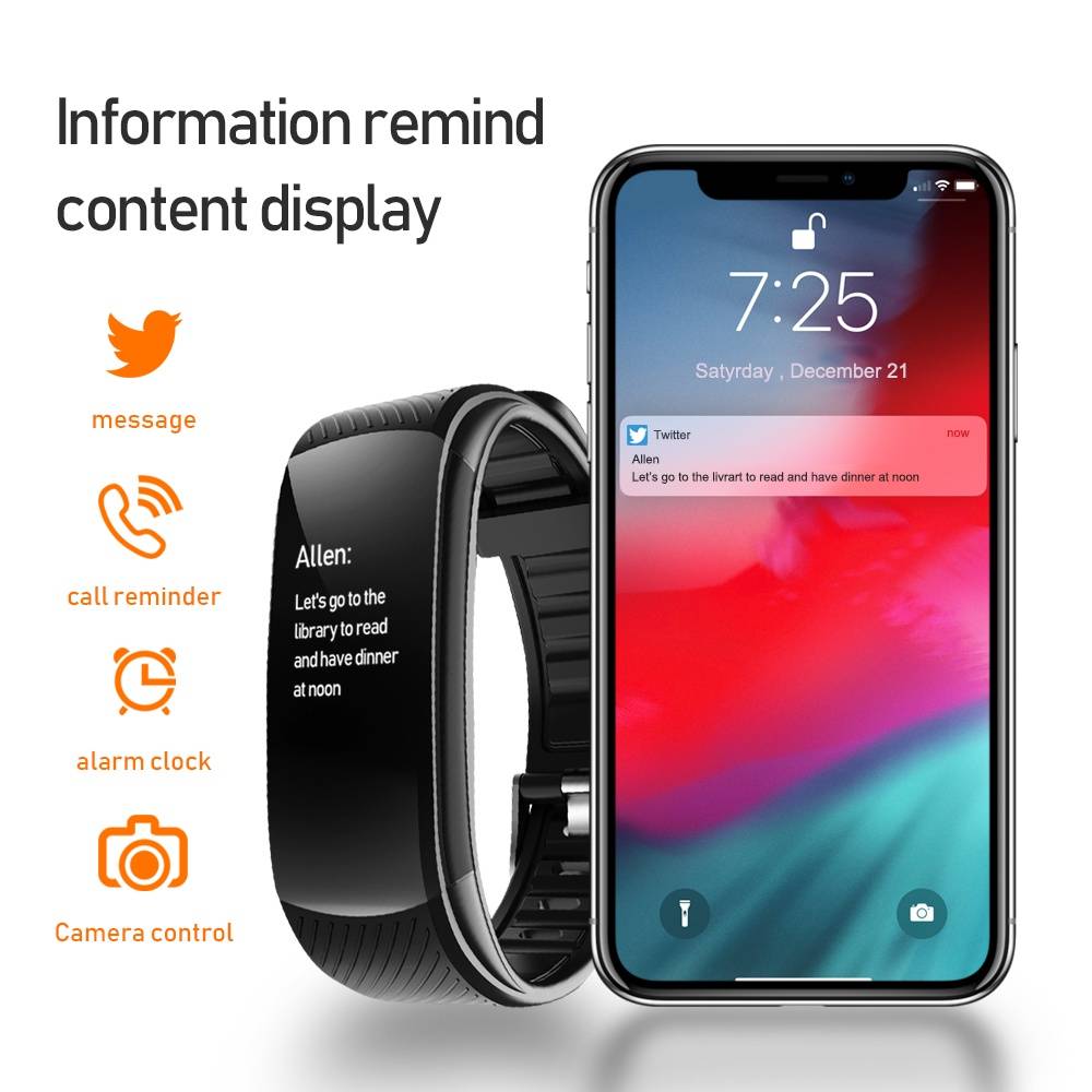 Werbebild, das eine Smartwatch und ein Smartphone zeigt, die synchronisierte Erinnerungen anzeigen: Twitter-Nachricht, Anruferinnerung, Wecker und Kameraregelung