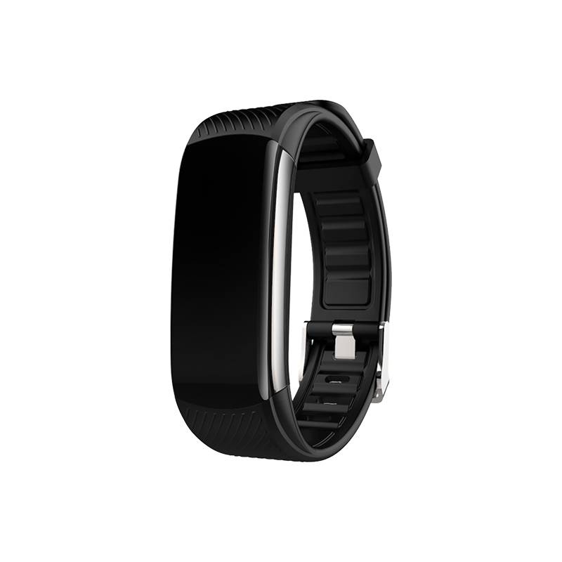 Schwarzes Fitness-Tracker-Armband mit elegantem rechteckigem Display und verstellbarem Riemen, auf weißem Hintergrund abgebildet.