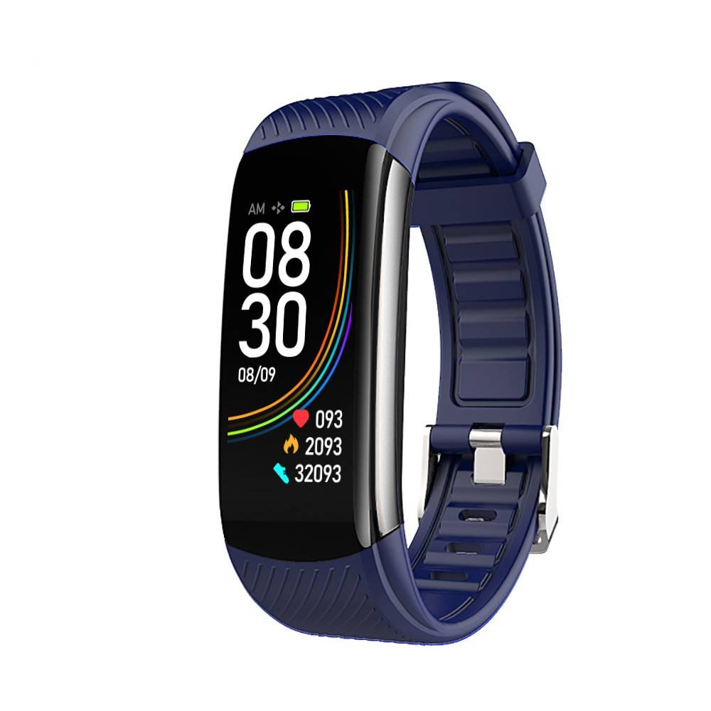 Blaue Fitness-Smartwatch mit gebogenem Farbdisplay, das 08:30 Uhr, das Datum 08/09 und Symbole für Gesundheitsstatistiken anzeigt.