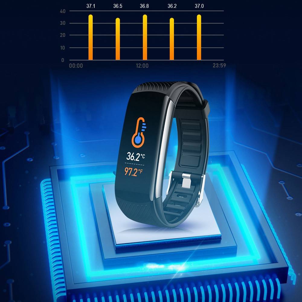 Fitness-Tracker zeigt Körpertemperatur von 36,2°C (97,2°F) mit einem kleinen Balkendiagramm, das Messwerte zwischen 36,2–37,1 im Zeitverlauf anzeigt.