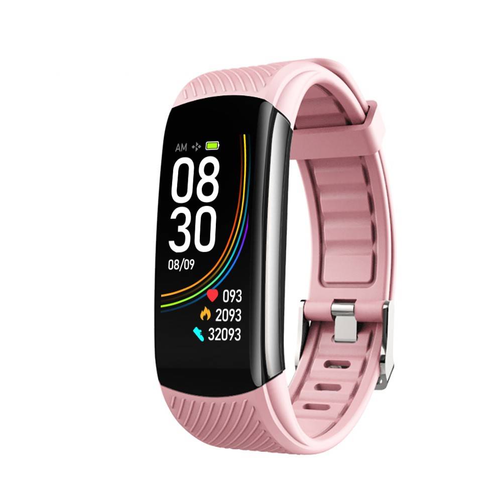 Rosa Fitness-Tracker-Smartwatch mit gekrümmtem Display, das die Uhrzeit 08:30, das Datum 08/09, ein Batteriesymbol und Aktivitätsstatistiken anzeigt.