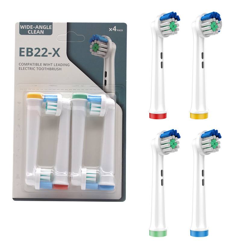 Verpackung für EB22-X Weit­winkel-Reinigungselektrozahnbürsten-Ersatzköpfe, 4er-Pack, mit vier farbcodierten Bürstenköpfen neben der Schachtel abgebildet.