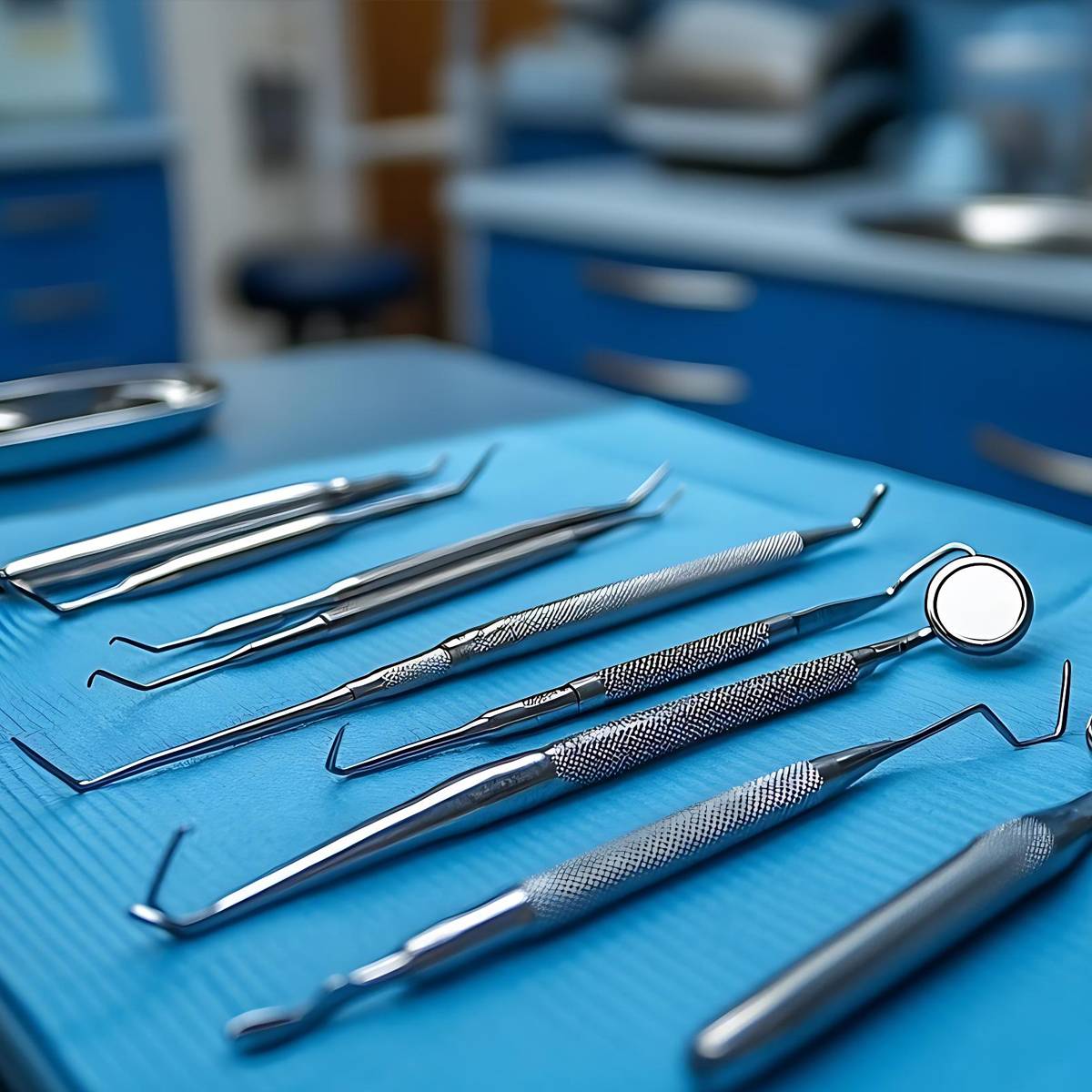 Zahnärztliche Instrumente auf einem blauen Tablett in einer Klinik angeordnet, einschließlich Sonden, Scaler und eines Spiegels, bereit zur Untersuchung oder Behandlung.