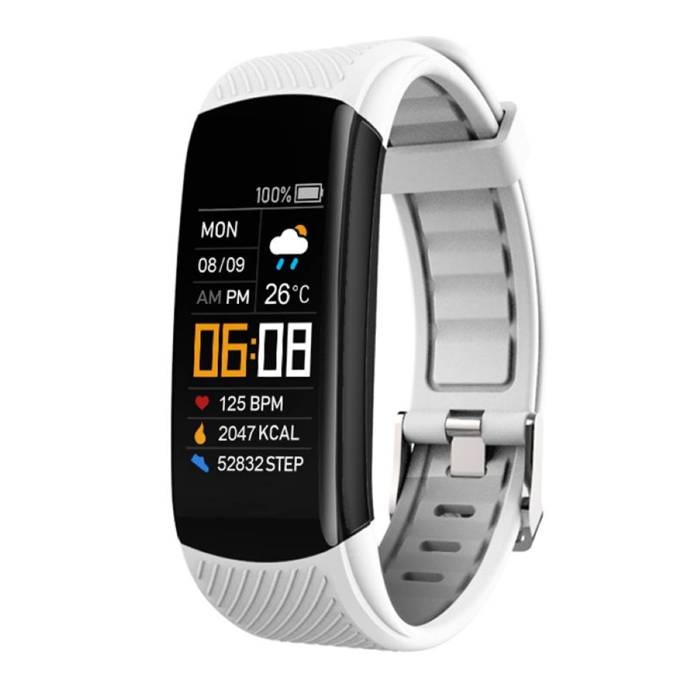 Weiße Fitness-Smartwatch zeigt 06:08, Montag 08/09, Wetter 26°C, 100% Akku, 125 BPM, 2047 KCAL und 52832 Schritte.