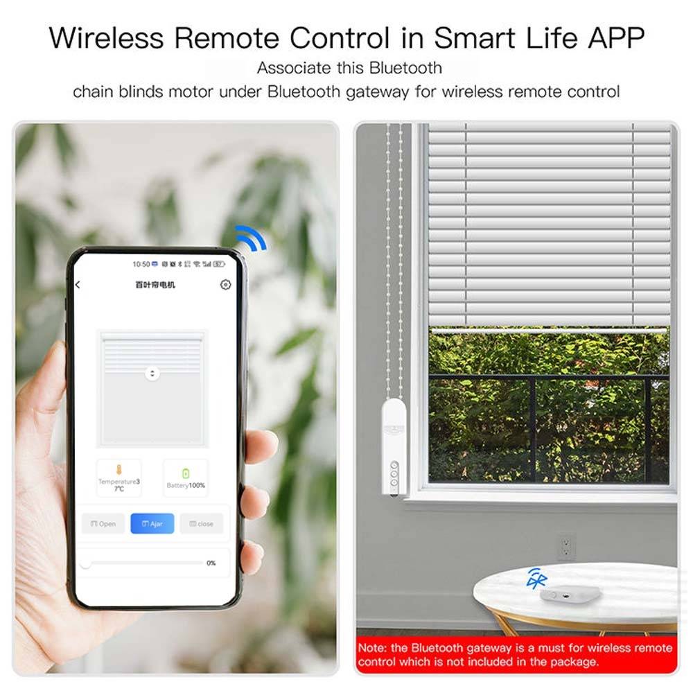 Werbegrafikdarstellung eines Smartphone-Apps, das Kettenwäller über Bluetooth steuert, mit einem motorisierten Rollo und Gateway-Gerät; der Text besagt, dass ein Bluetooth-Gateway erforderlich ist und nicht enthalten ist.