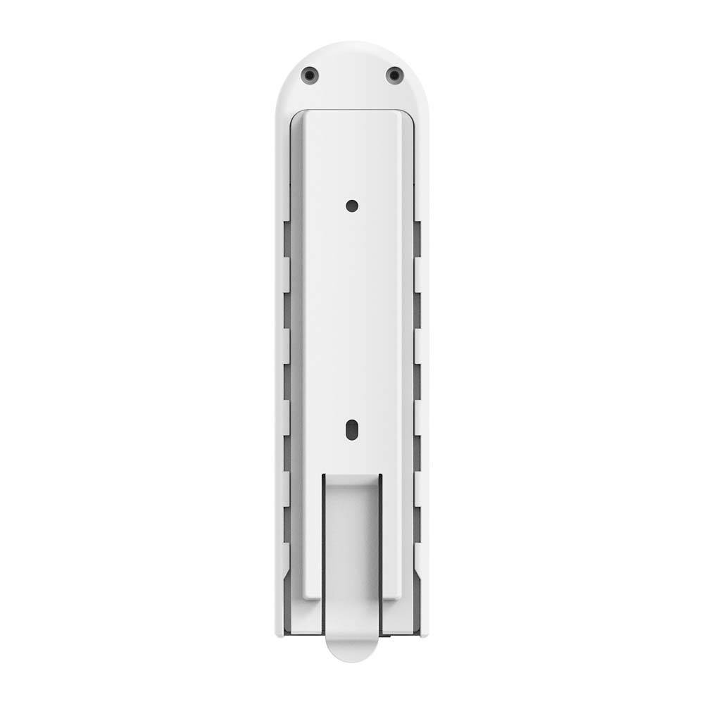 Weiß rechteckiges, wandmontiertes Gerät von vorne gezeigt, wahrscheinlich ein Sensor oder Spender, mit zwei Schraubenlöchern oben und einem Hebel oder einer Abdeckung unten.