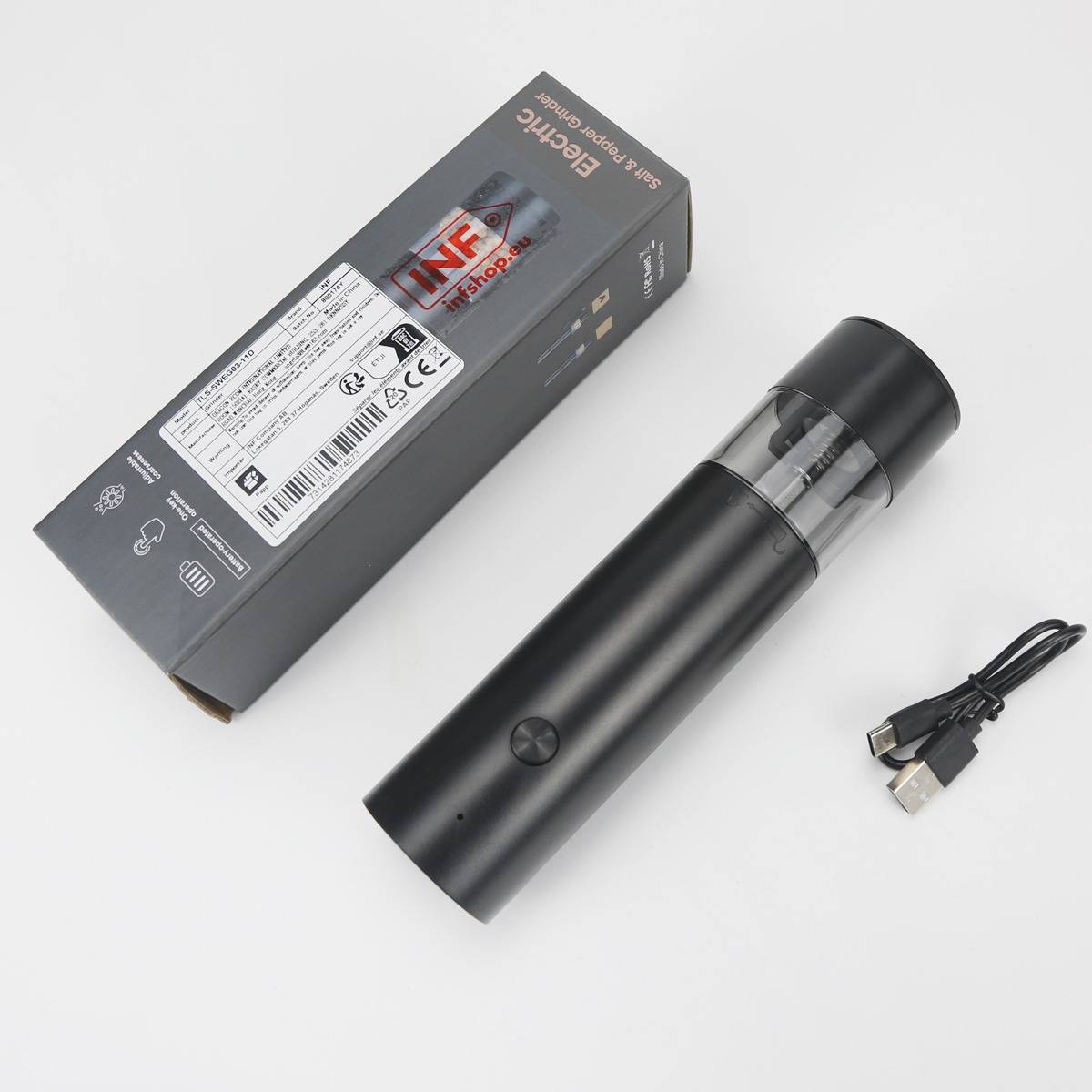Wiederaufladbare elektrische Pfeffermühle – Schwarz, USB-Aufladung, Keramikmahlwerk