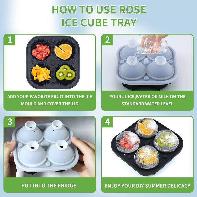 Vierschrittiger Leitfaden für die Verwendung einer Rosen-Eiswürfelform: Fügen Sie Obst hinzu, füllen Sie mit Saft/Wasser/Milch auf, frieren Sie ein, und genießen Sie dann dekorative Obst-Eiswürfel.
