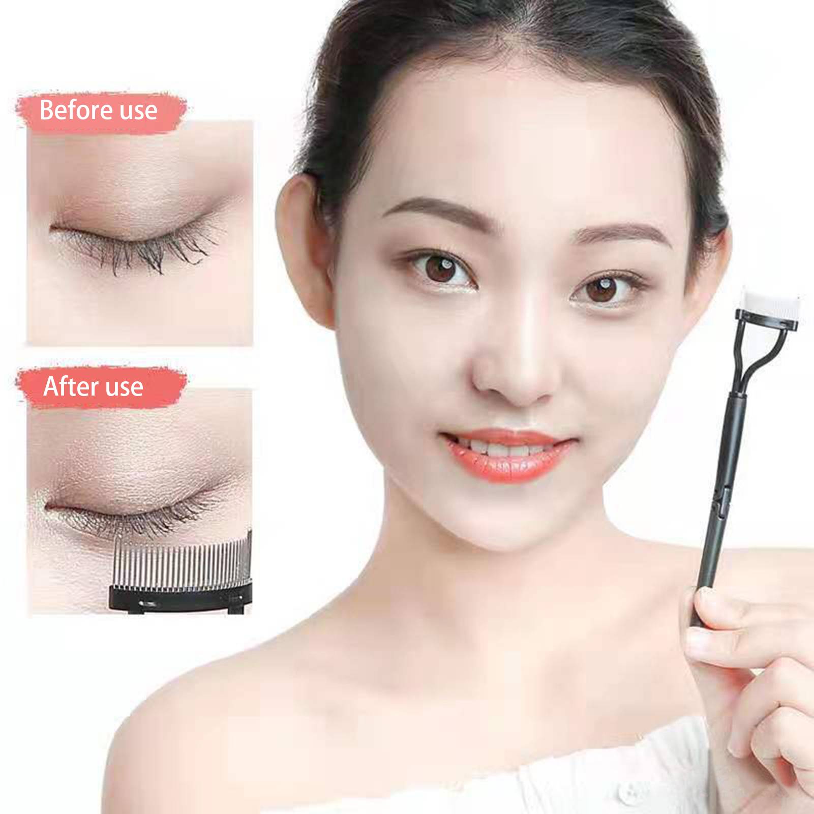 Frau hält ein Wimpernzange-Werkzeug, mit Einsatzbildern "Vor Gebrauch"" und ""Nach Gebrauch"", die gekräuselte Wimpern und einen sichtbaren kammartigen Aufsatz zeigen.