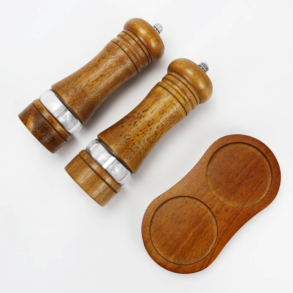 2er Set Retro-Pfeffermühle mit Holzsockel, manuell einstellbar