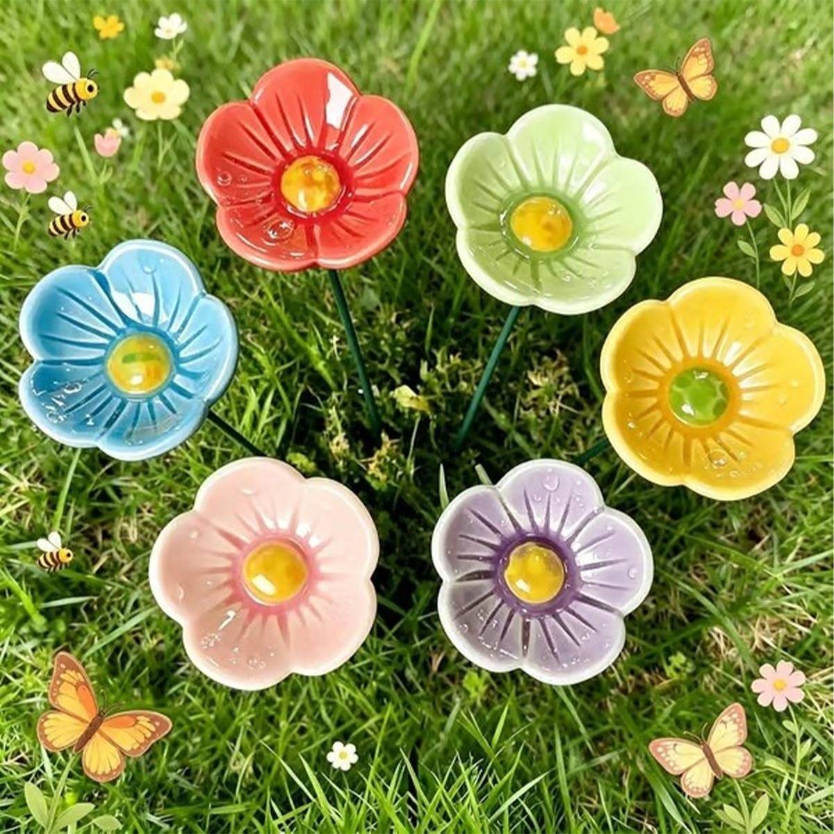 Bienen-Tränken-Set – Gänseblümchen 8-Blatt aus Kunstharz, 6-teilig, mehrfarbig, Trinkstation für Bestäuber