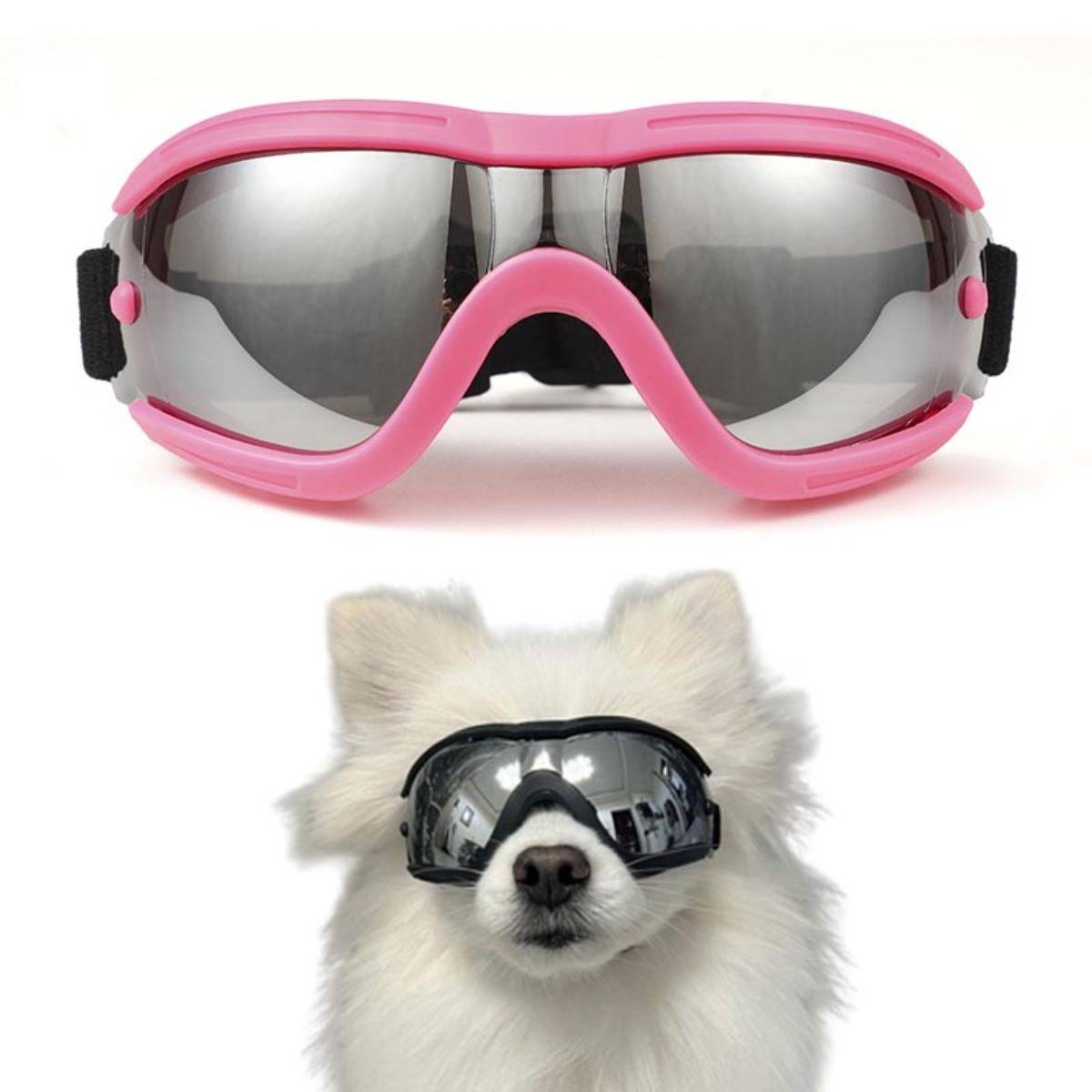 Outdoor-UV-Schutzbrille für Hunde mit silberbeschichtetem Spiegelglas, TPU-Rahmen und verstellbarem Gurt, UV400 Pink