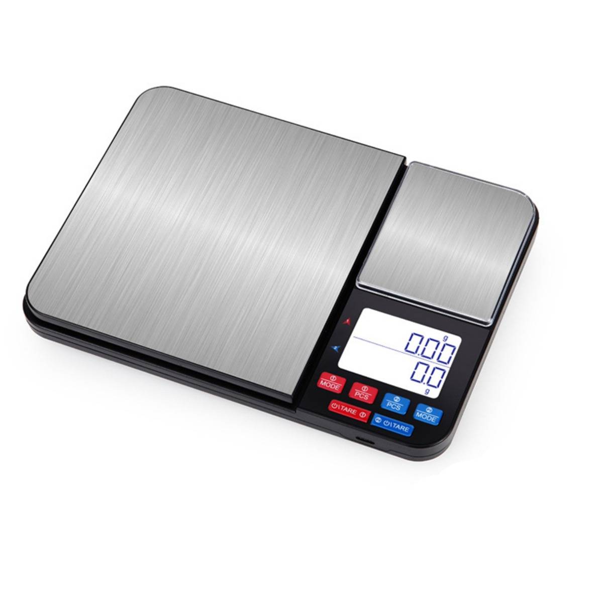 Küchenwaage mit Dual-Plattform, Edelstahl+ABS, batteriebetrieben, 3kg/0.1g & 200g/0.01g Präzision, Doppelwaage