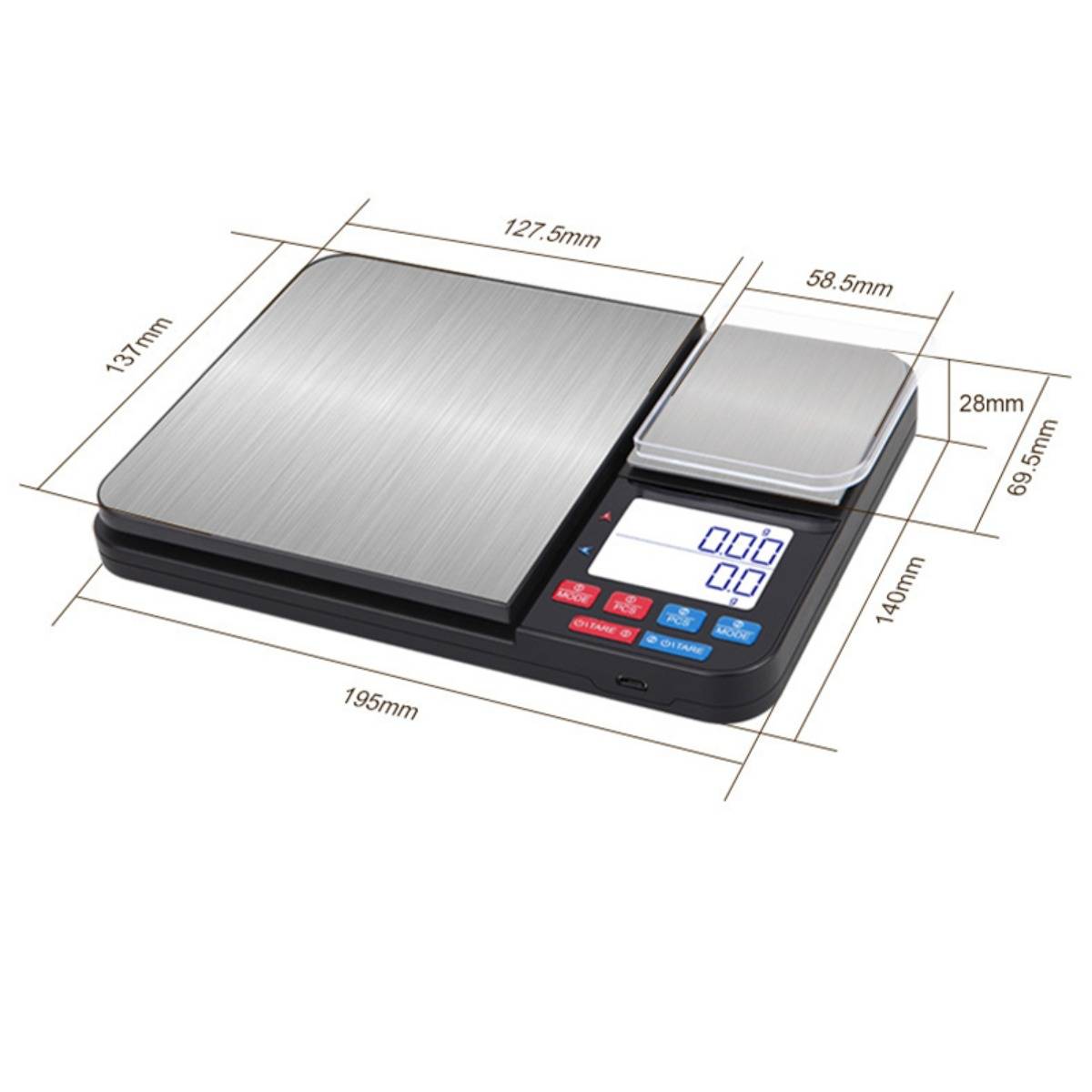 Küchenwaage mit Dual-Plattform, Edelstahl+ABS, batteriebetrieben, 3kg/0.1g & 200g/0.01g Präzision, Doppelwaage