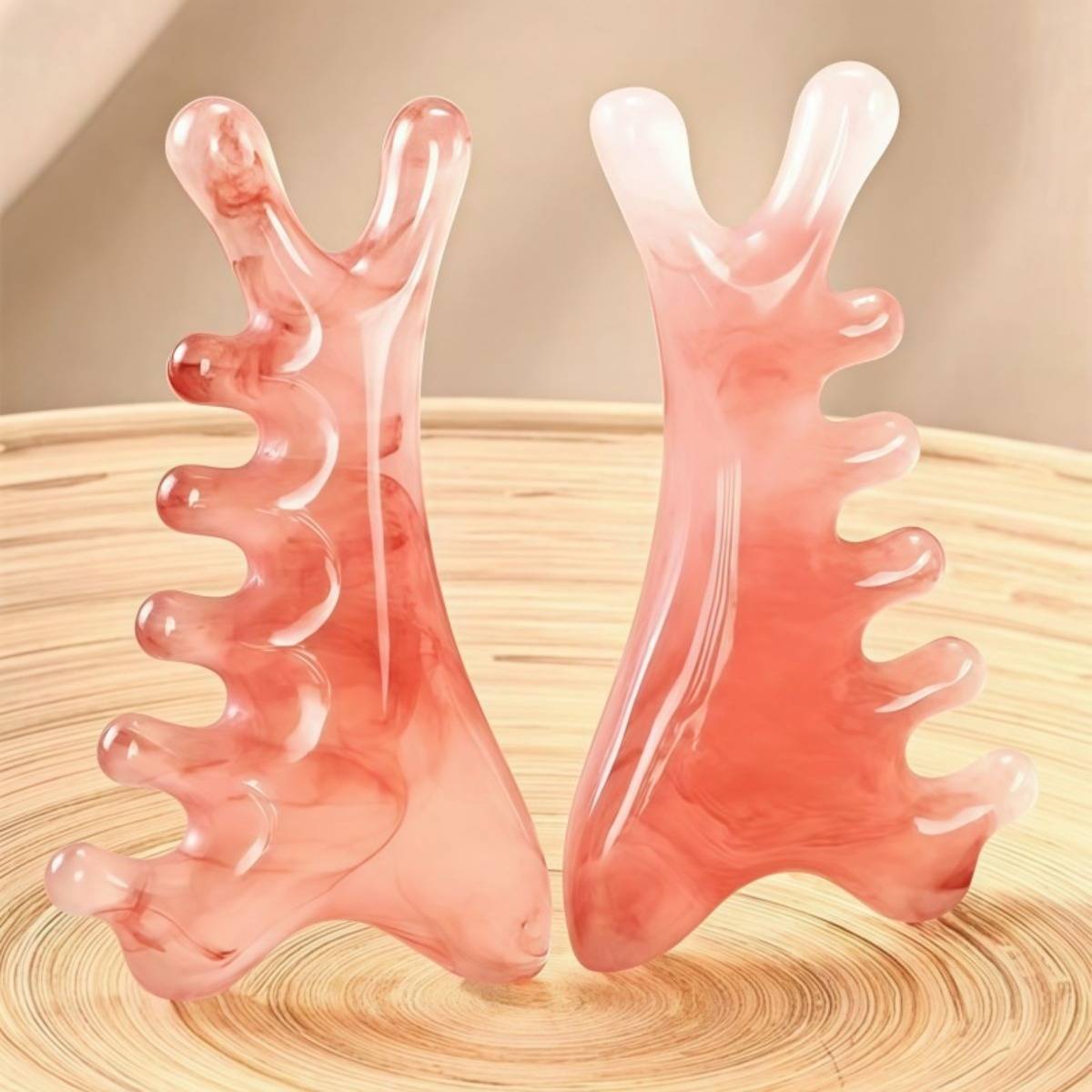 4-in-1 Massagekamm aus Harz für Kopf und Gesicht — natürliches Gua Sha Meridian-Akupressur, tragbares 2er-Set Pink