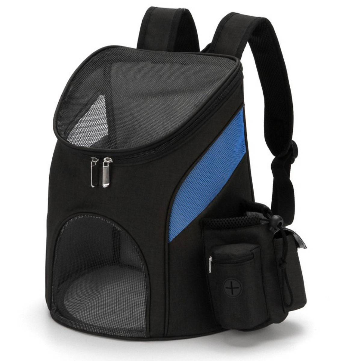 Faltbarer Haustier-Rucksack mit Seitentasche — Atmungsaktives Nylon-Netz, Doppel-Schulterträger, Hände-frei für Katzen und Hunde bis 6kg Black L