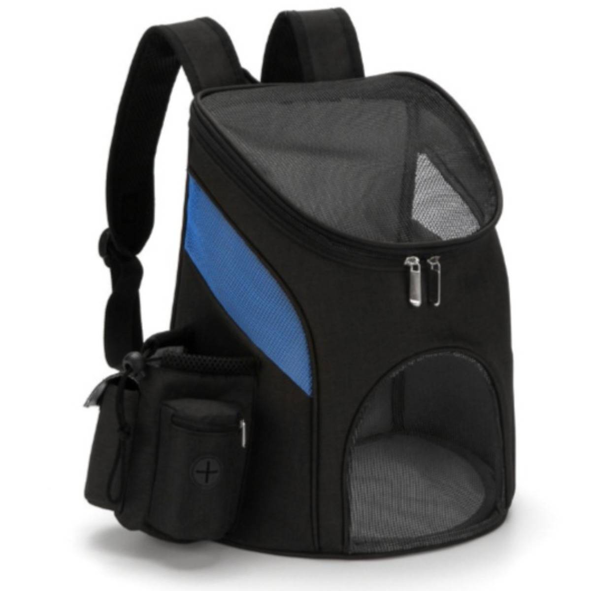 Faltbarer Haustier-Rucksack mit Seitentasche — Atmungsaktives Nylon-Netz, Doppel-Schulterträger, Hände-frei für Katzen und Hunde bis 6kg Black L