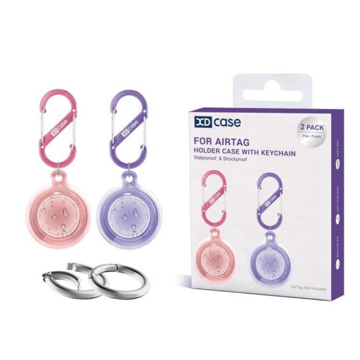 (2er-Set) Vollschützende wasserdichte TPU-Schutzhülle mit Schlüsselring, kompatibel mit Apple AirTag, Pink, 360° Schutz
