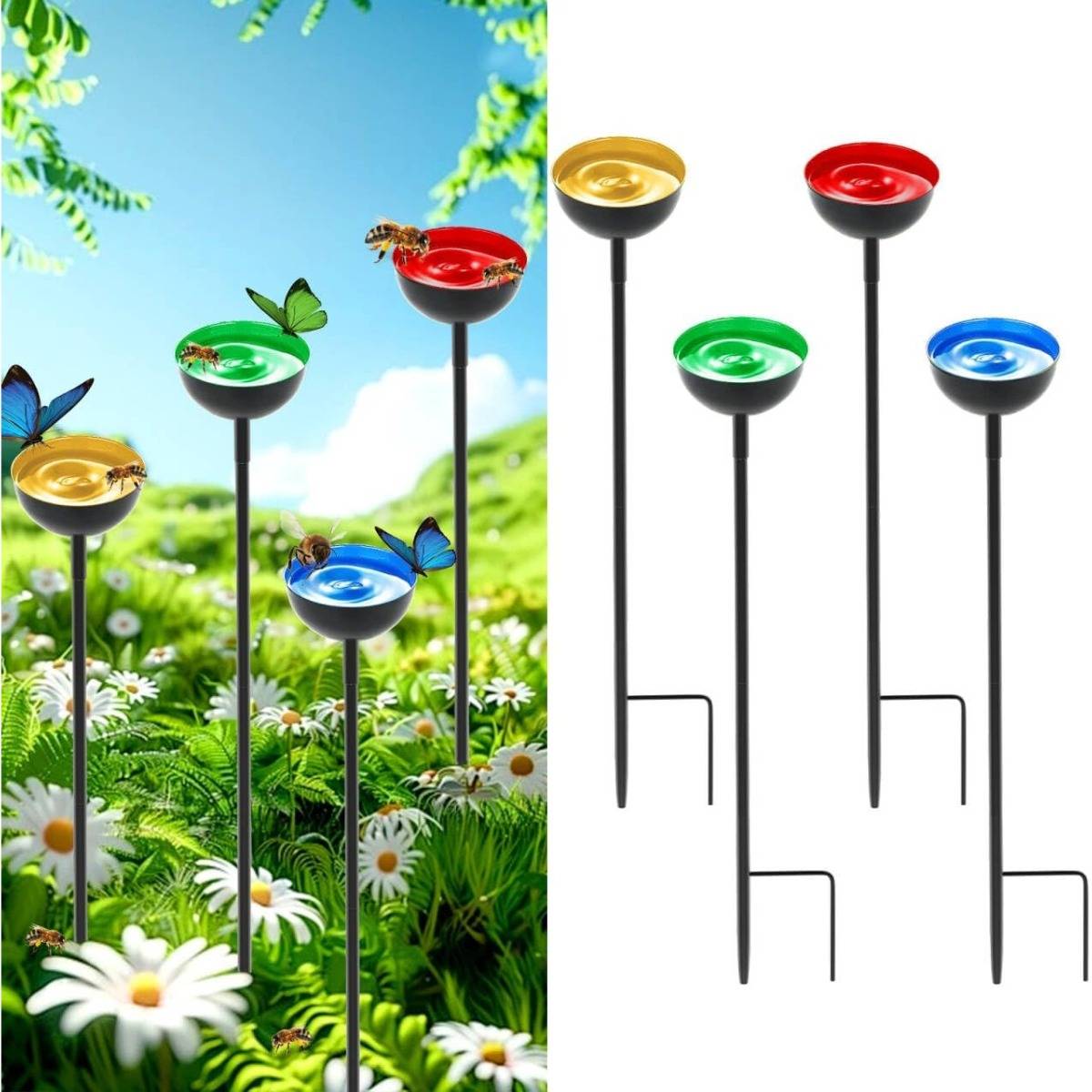 Mehrfarbige Metall-Bienenwasserstelle – Zwei-in-einem Bienen-Tränke- und Schmetterlingsstation mit Gartenstecker, 65cm Länge
