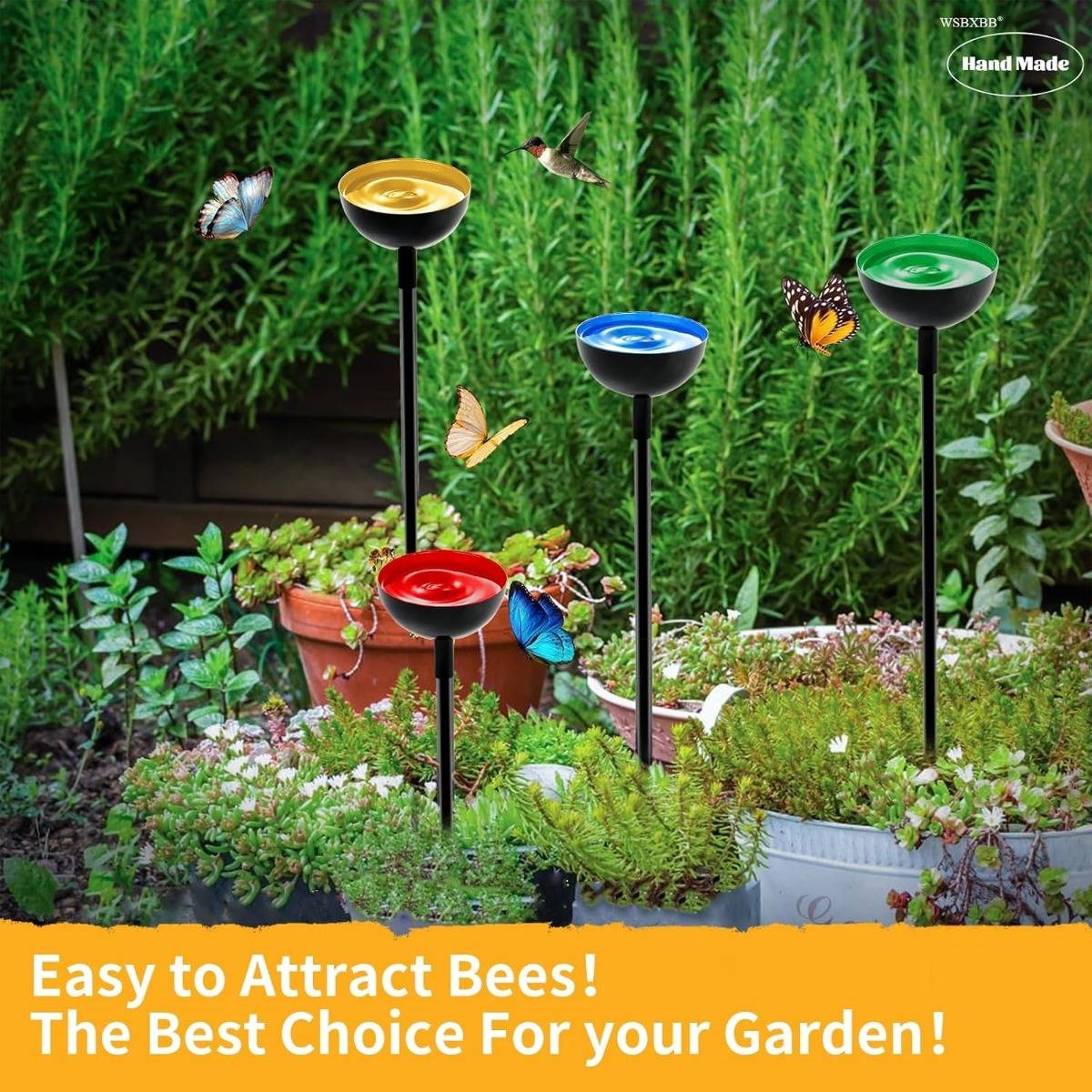 Mehrfarbige Metall-Bienenwasserstelle – Zwei-in-einem Bienen-Tränke- und Schmetterlingsstation mit Gartenstecker, 65cm Länge