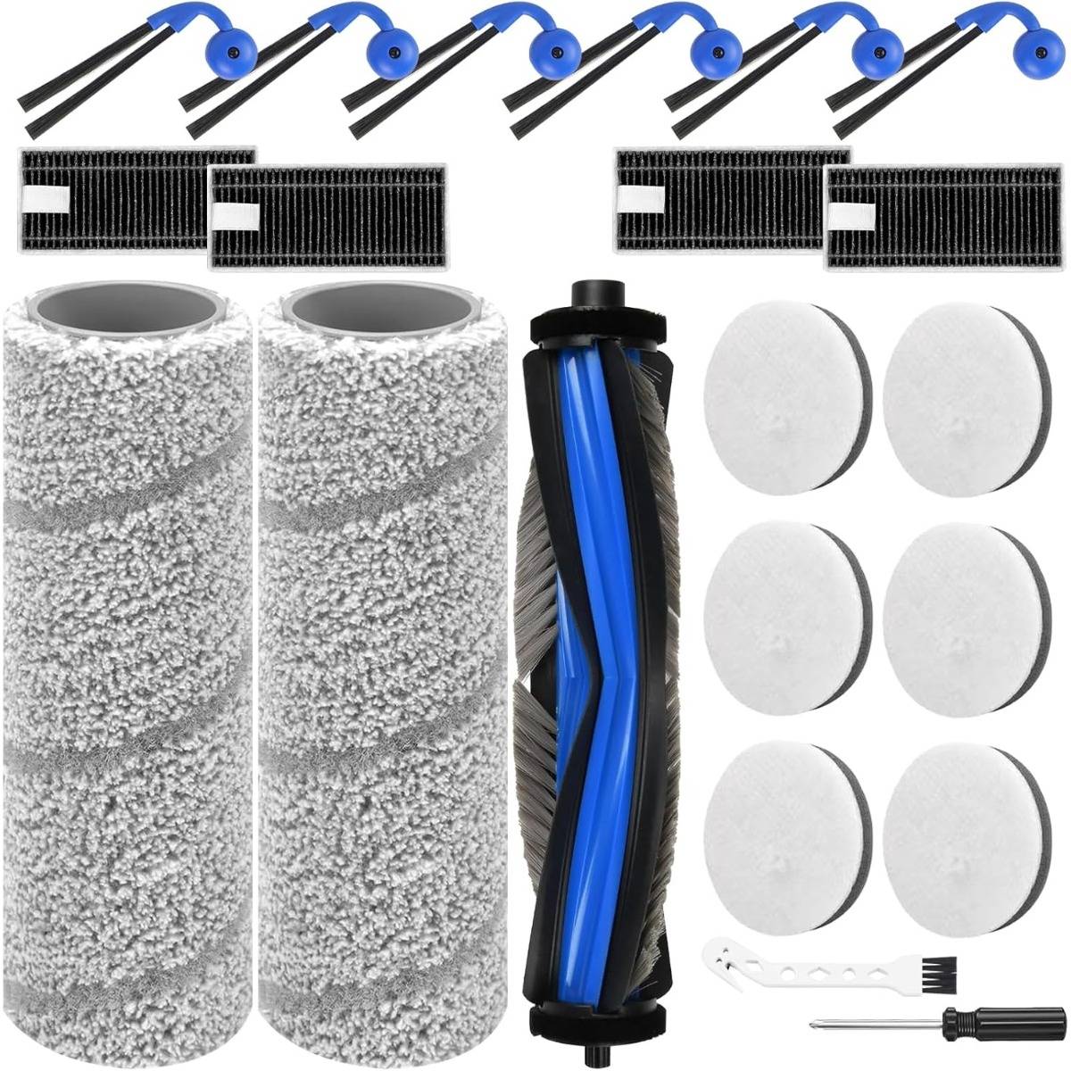 Ersatzteillset für Staubsaugroboter: zwei Walzenbürsten, Seitenbürsten, zwei Filter, sechs Wischpads und eine Hauptbürsten­walze.