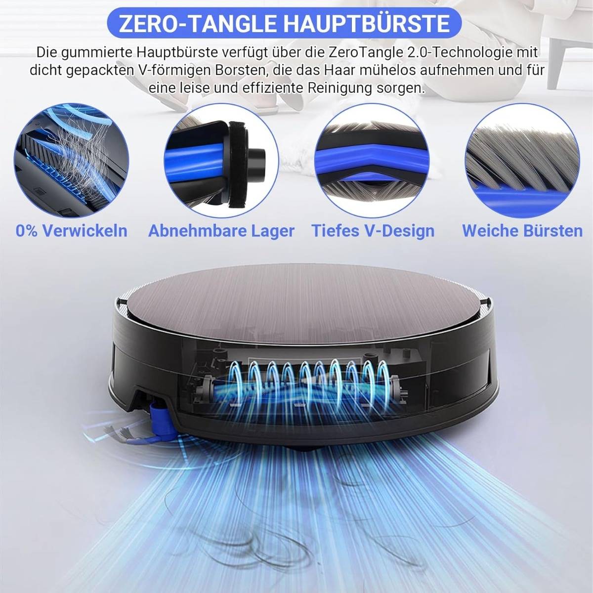 Infografik eines Roboterstaubsaugers mit "Zero-Tangle""-Hauptbürste, die anti-verwickelnde Borsten, abnehmbare Lager, tiefes V-Design und weiche Borsten zur effizienten Reinigung zeigt.