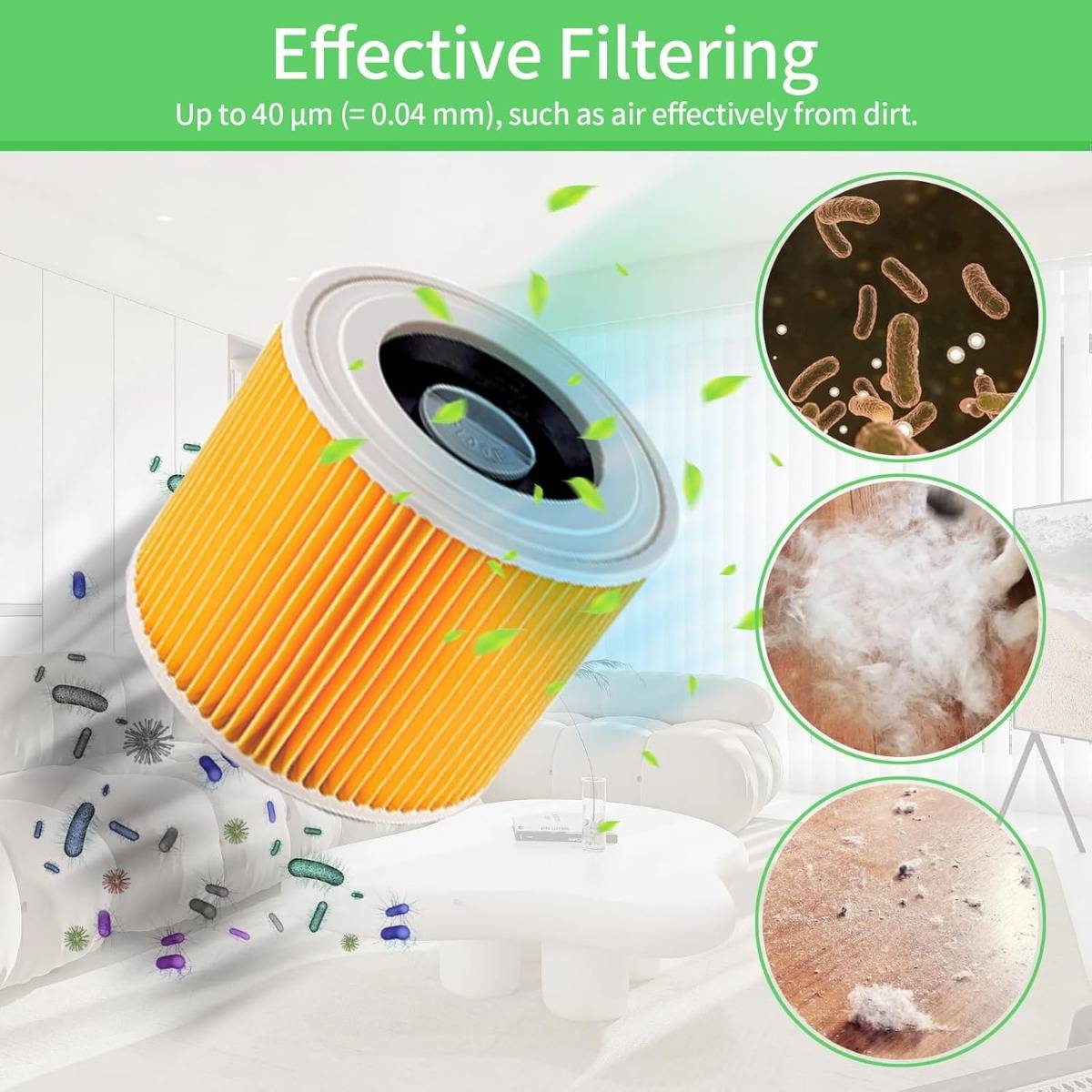 Infografik eines Luftfilters, der Schmutz, Bakterien und Staub auffängt; der Text besagt „Effektive Filterung" und „Bis zu 40 μm (= 0,04 mm), wie Luft effektiv von Schmutz."
