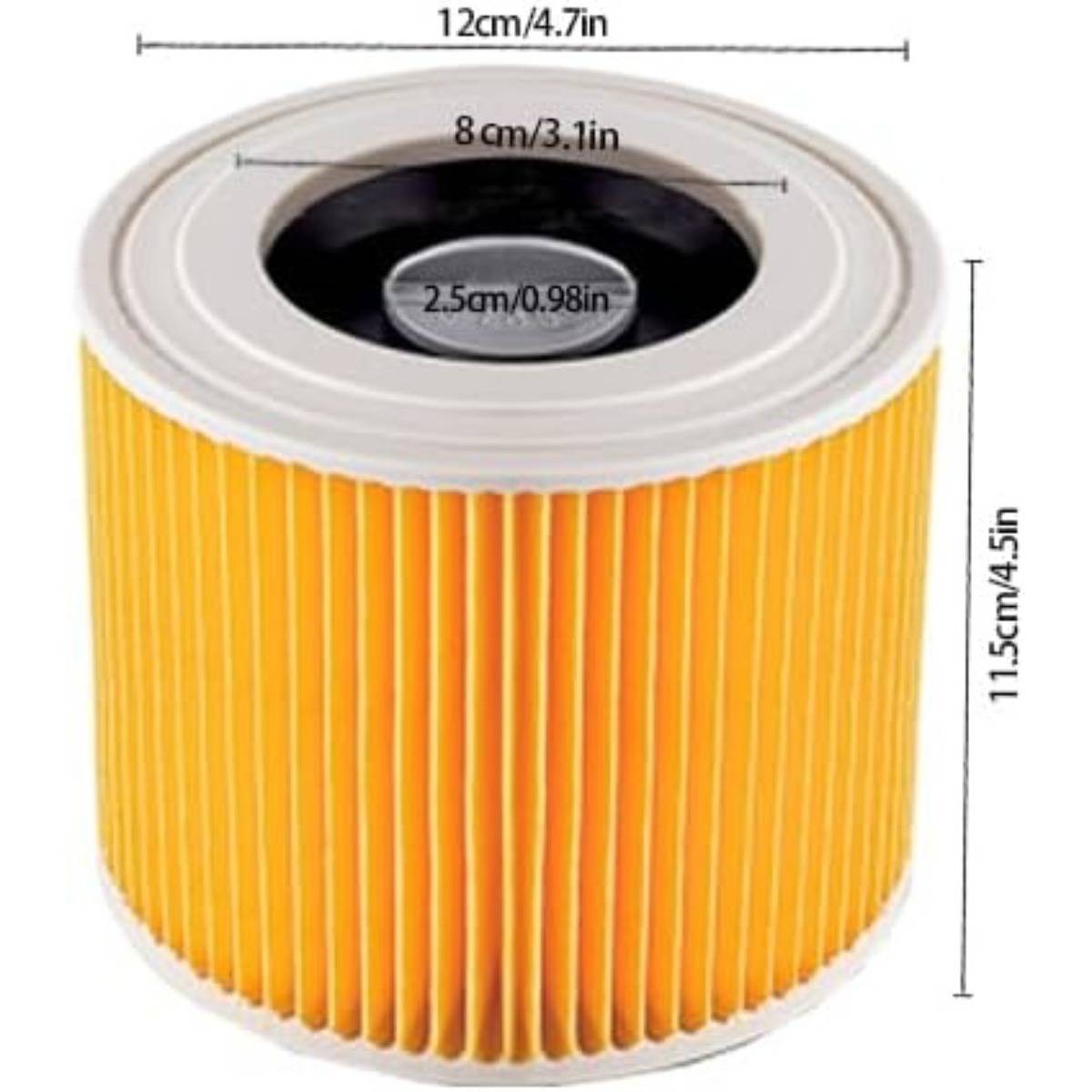 Gelber zylindrischer Faltenluftfilter mit Abmessungen: 12 cm Durchmesser, 11,5 cm Höhe, 8 cm innere obere Öffnung und 2,5 cm mittlere Öffnung.