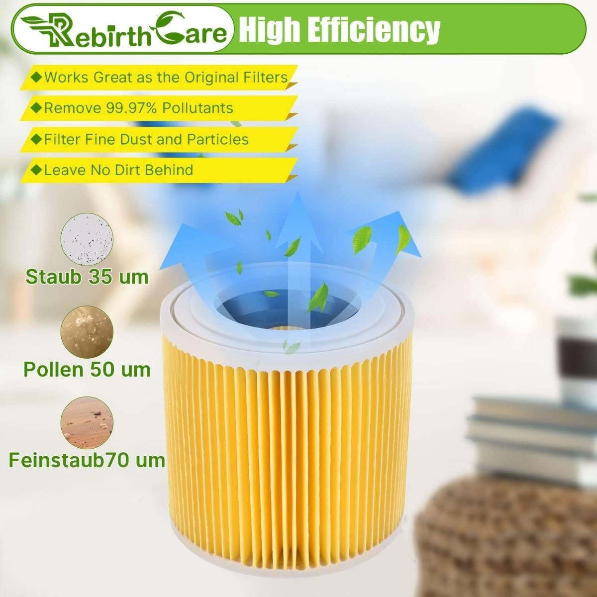 RebirthCare hocheffizienter Luftfilter-Illustration, die einen Faltenfilter zeigt, der Staub, Pollen und feine Partikel entfernt; Behauptung von 99,97% Schadstoffabscheidung.